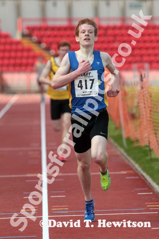 Thomas Goulding (Birtley) winning the under-17s 3000 metres at the North Eastern Champs, Gateshead.